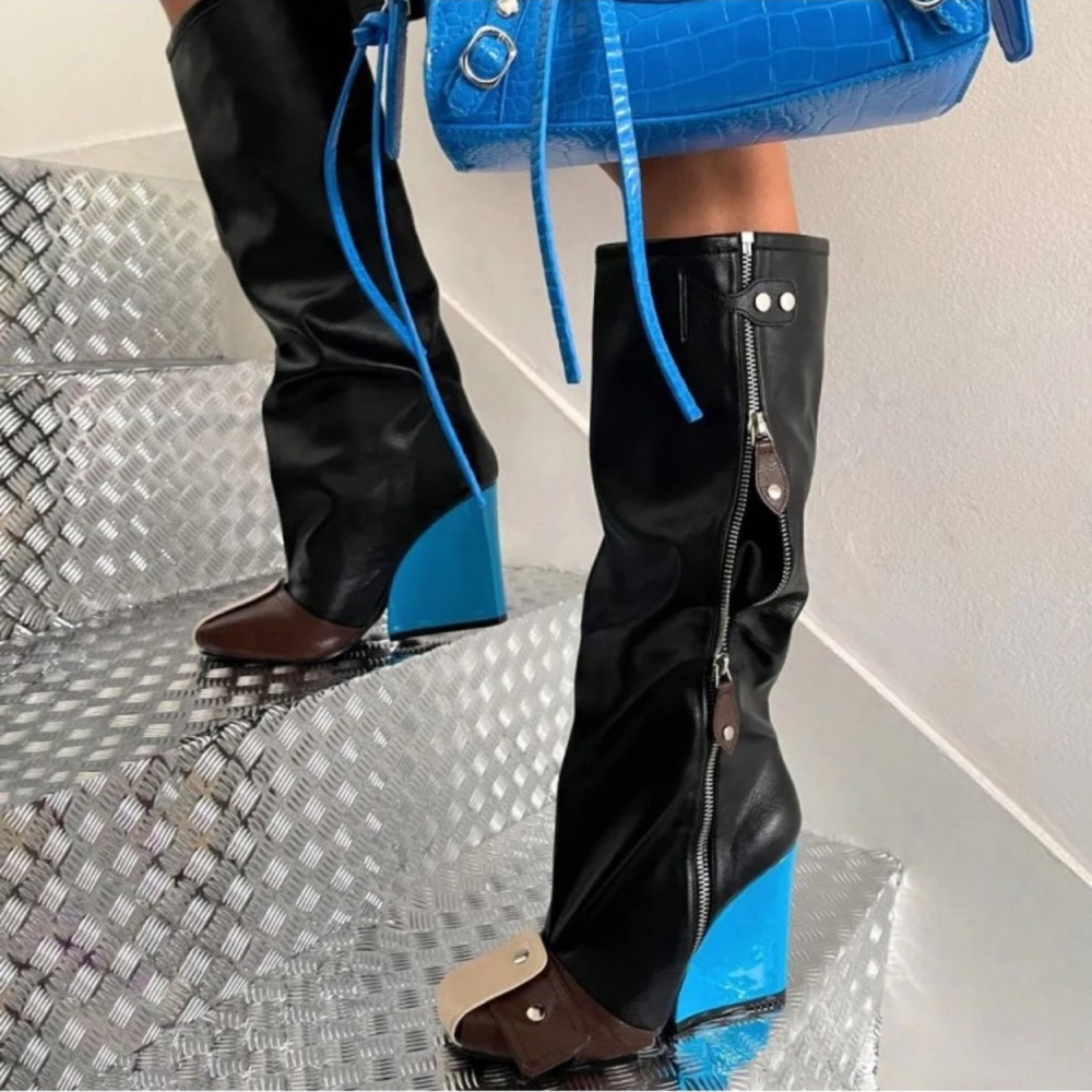 FashionNova Sienna Patchwork Wedge Knee High Colorblock Chunky Boots 10